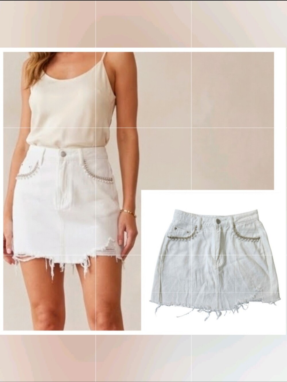 Cloud Ten White Pearl Pocket Mini Denim Skirt Distressed Frayed Hem Size Small